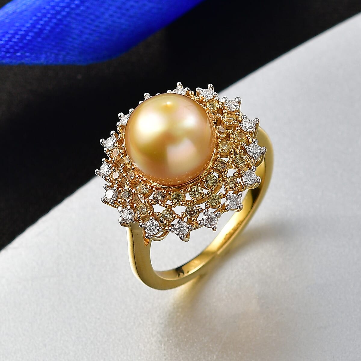D'Joy Premium South Sea Golden Cultured Pearl and Multi Gemstone 1.00 ctw Golden Sunflare Ring in 18K Vermeil Yellow Gold Over Sterling Silver (Size 10.0) image number 1
