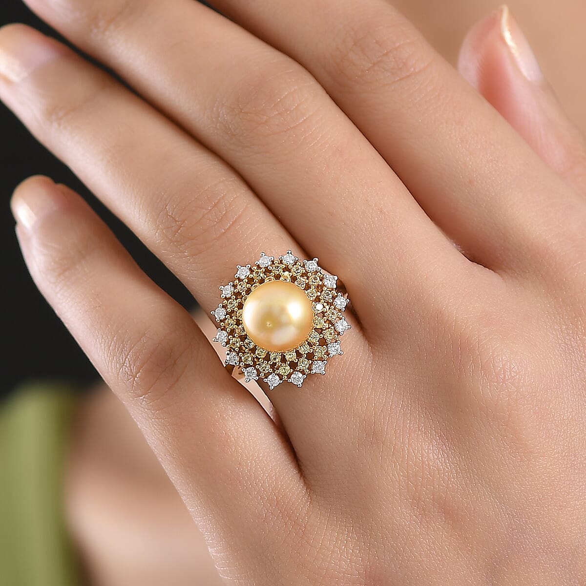 D'Joy Premium South Sea Golden Cultured Pearl and Multi Gemstone 1.00 ctw Golden Sunflare Ring in 18K Vermeil Yellow Gold Over Sterling Silver (Size 10.0) image number 2