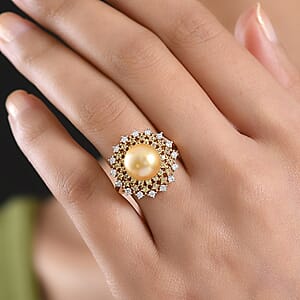 D'Joy Premium South Sea Golden Cultured Pearl and Multi Gemstone 1.00 ctw Golden Sunflare Ring in 18K Vermeil Yellow Gold Over Sterling Silver (Size 10.0)