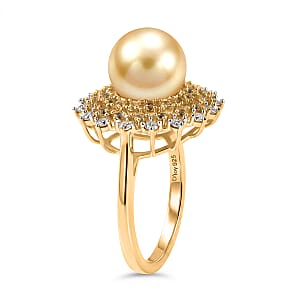 D'Joy Premium South Sea Golden Cultured Pearl and Multi Gemstone 1.00 ctw Golden Sunflare Ring in 18K Vermeil Yellow Gold Over Sterling Silver (Size 10.0)