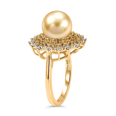 D'Joy Premium South Sea Golden Cultured Pearl and Multi Gemstone 1.00 ctw Golden Sunflare Ring in 18K Vermeil Yellow Gold Over Sterling Silver (Size 7.0)