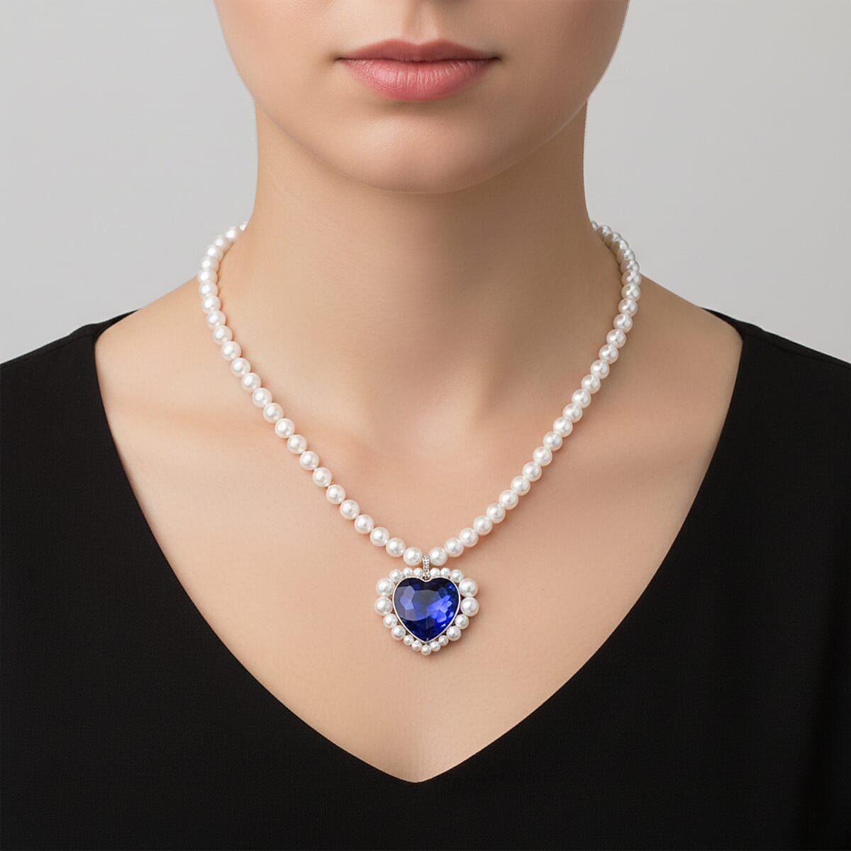 Blue Glass, Multi Gemstone Heart Necklace (20 Inches) in Silvertone image number 2