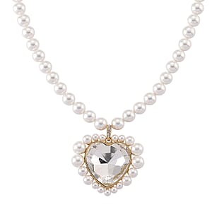 White Glass, Multi Gemstone Heart Necklace (20 Inches) in Goldtone