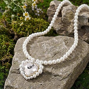 White Glass, Multi Gemstone Heart Necklace (20 Inches) in Goldtone