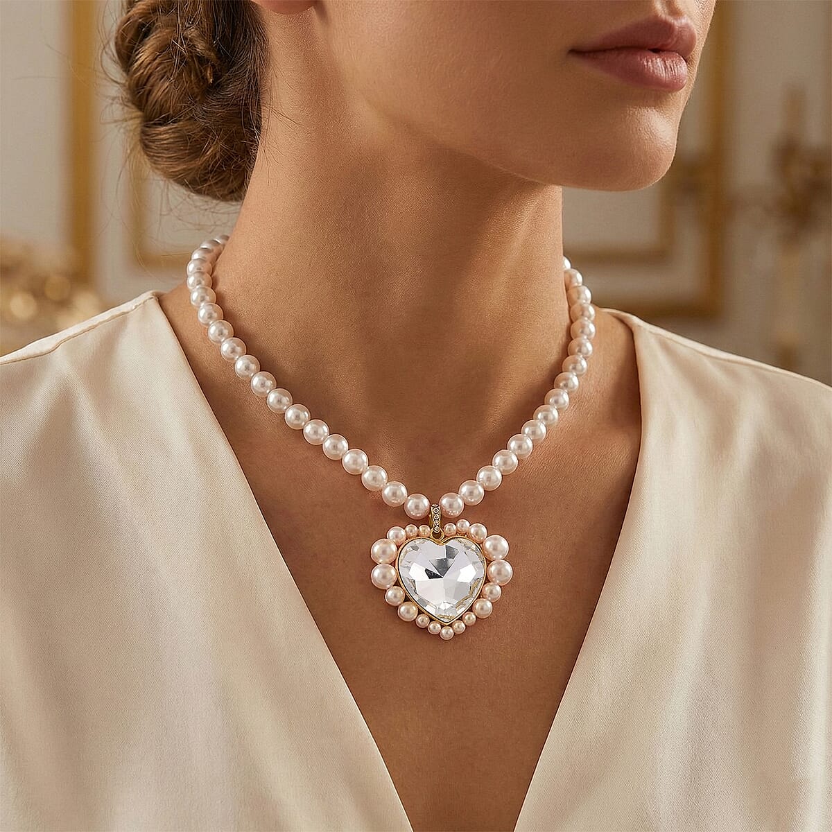 White Glass, Multi Gemstone Heart Necklace (20 Inches) in Goldtone image number 2