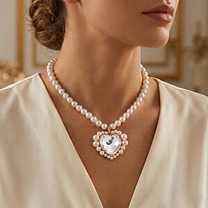 White Glass, Multi Gemstone Heart Necklace (20 Inches) in Goldtone