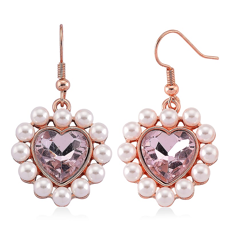Simulated Pink Sapphire, White Shell Pearl Heart Earrings in Rosetone and ION Plated RG Stainless Steel