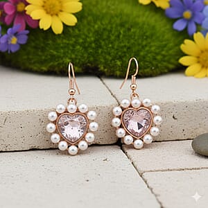 Pink Glass, White Shell Pearl Heart Earrings in Rosetone and ION Plated RG Stainless Steel