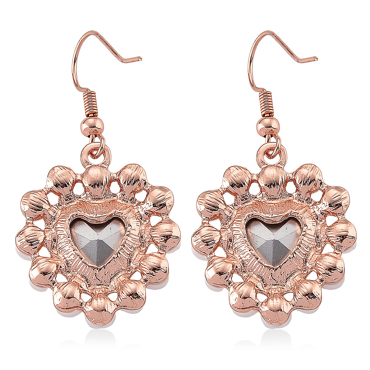 Pink Glass, White Shell Pearl Heart Earrings in Rosetone and ION Plated RG Stainless Steel image number 3