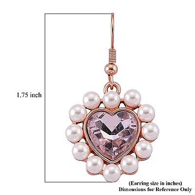 Simulated Pink Sapphire, White Shell Pearl Heart Earrings in Rosetone and ION Plated RG Stainless Steel