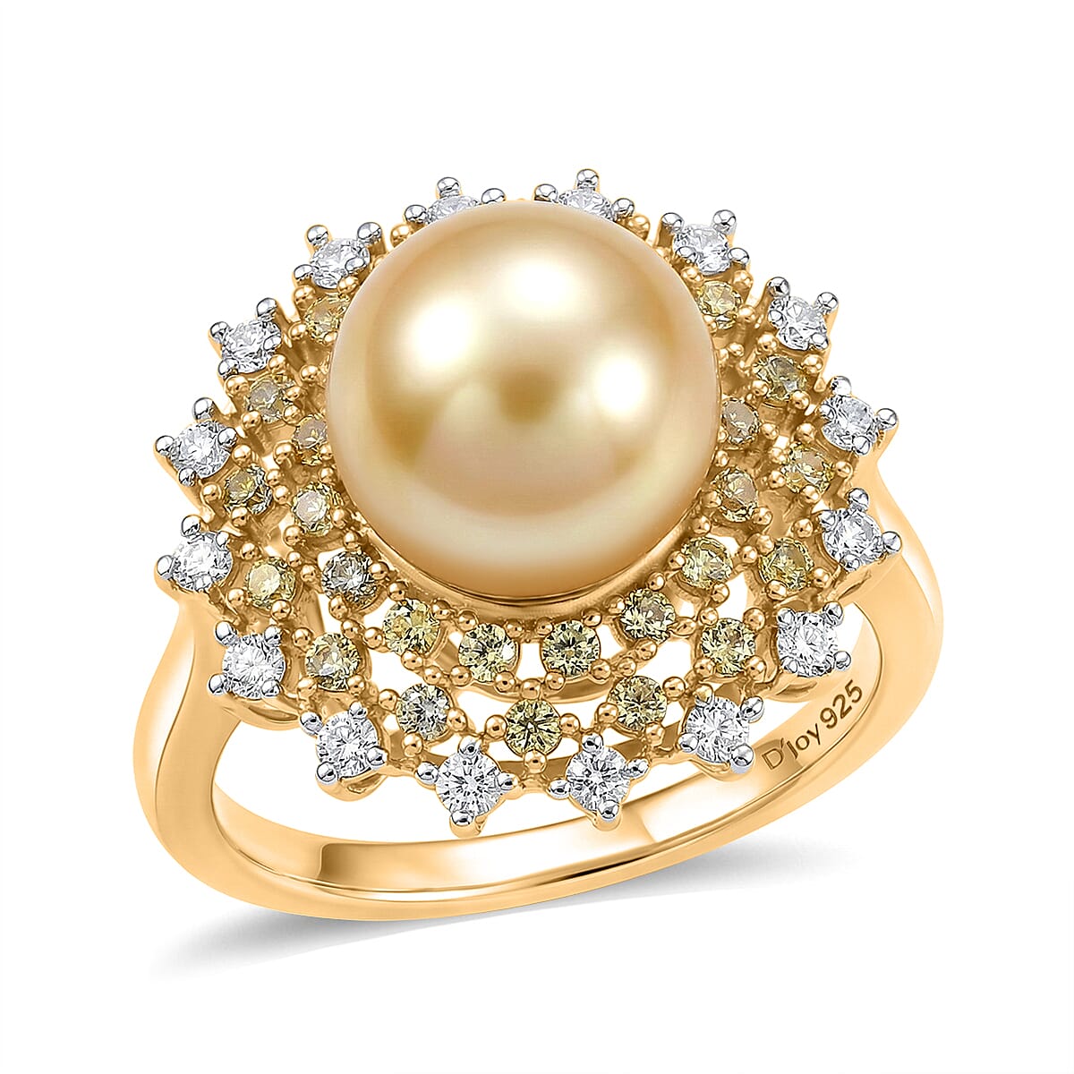 D'Joy Premium South Sea Golden Cultured Pearl (9-11mm), Multi Gemstone Ring in 18K Vermeil YG Over Sterling Silver (Size 9.0) 1.00 ctw