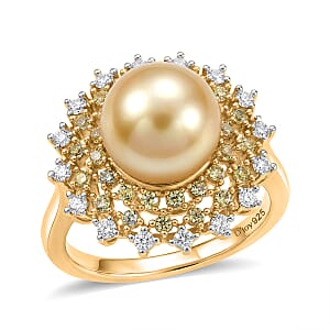 D'Joy Premium South Sea Golden Cultured Pearl and Multi Gemstone 1.00 ctw Golden Sunflare Ring in 18K Vermeil Yellow Gold Over Sterling Silver (Size 9.0)