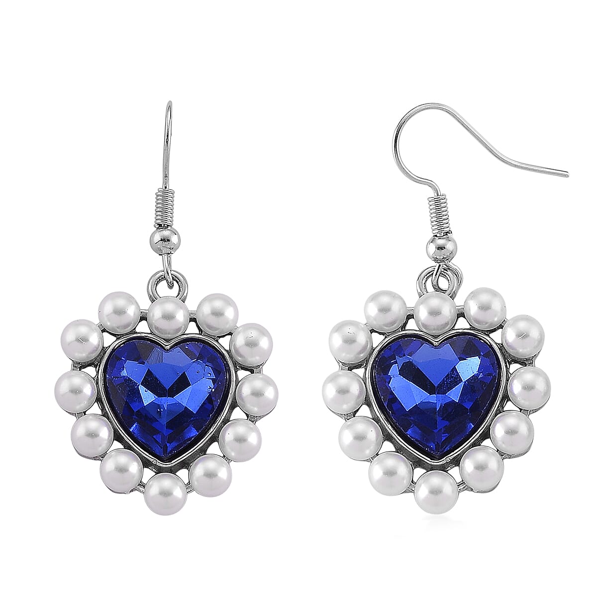 Simulated Blue Sapphire, White Shell Pearl Heart Earrings in Silvertone and Stainless Steel