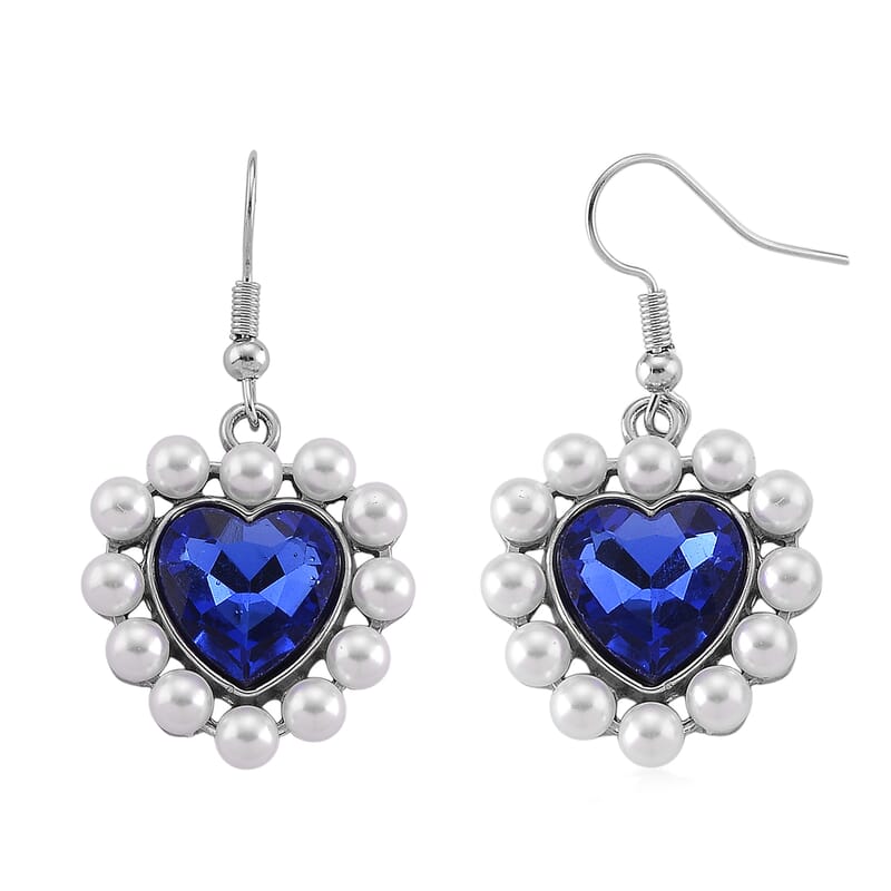 Simulated Blue Sapphire, White Shell Pearl Heart Earrings in Silvertone and Stainless Steel
