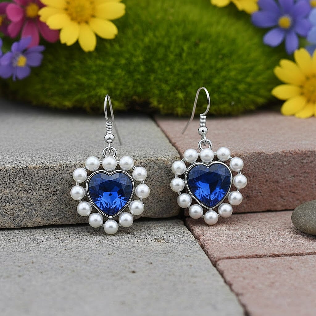 Simulated Blue Sapphire, White Shell Pearl Heart Earrings in Silvertone and Stainless Steel