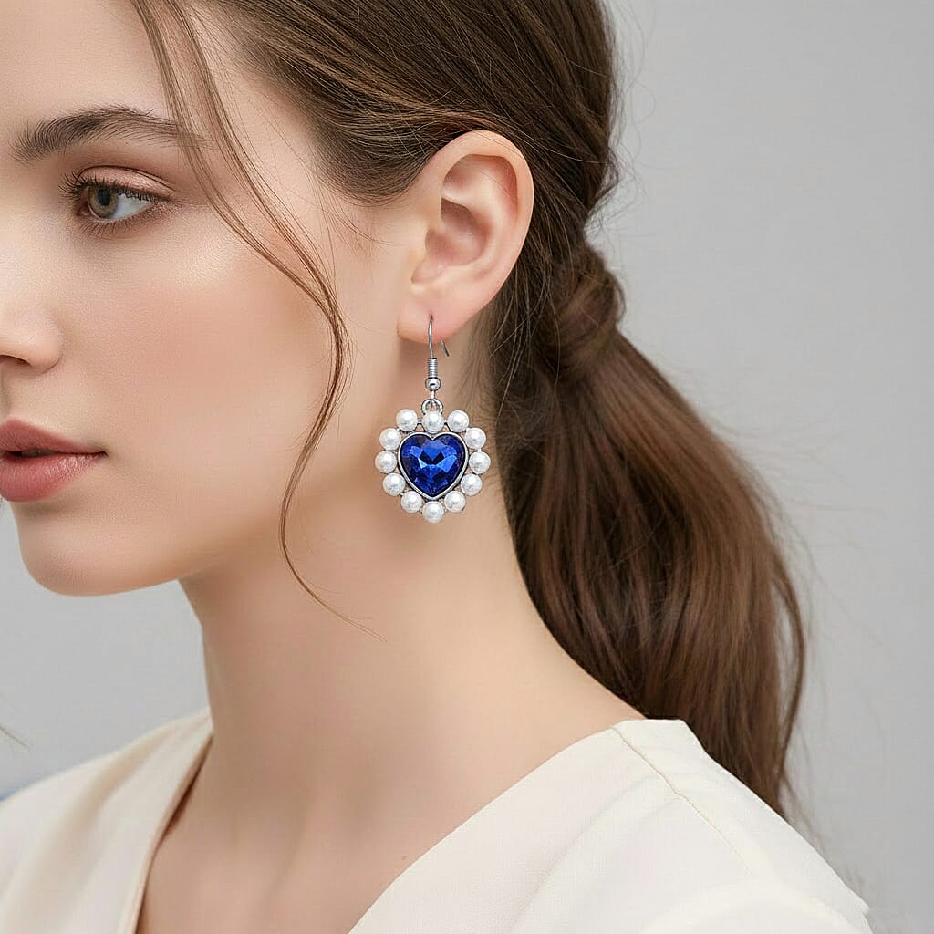 Simulated Blue Sapphire, White Shell Pearl Heart Earrings in Silvertone and Stainless Steel