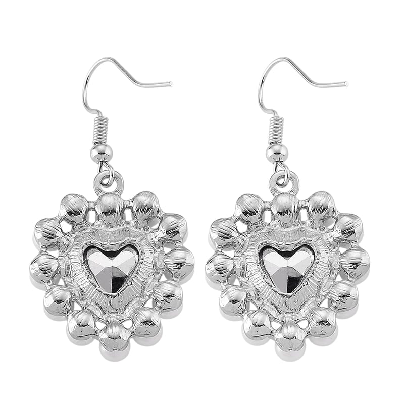 Simulated Blue Sapphire, White Shell Pearl Heart Earrings in Silvertone and Stainless Steel
