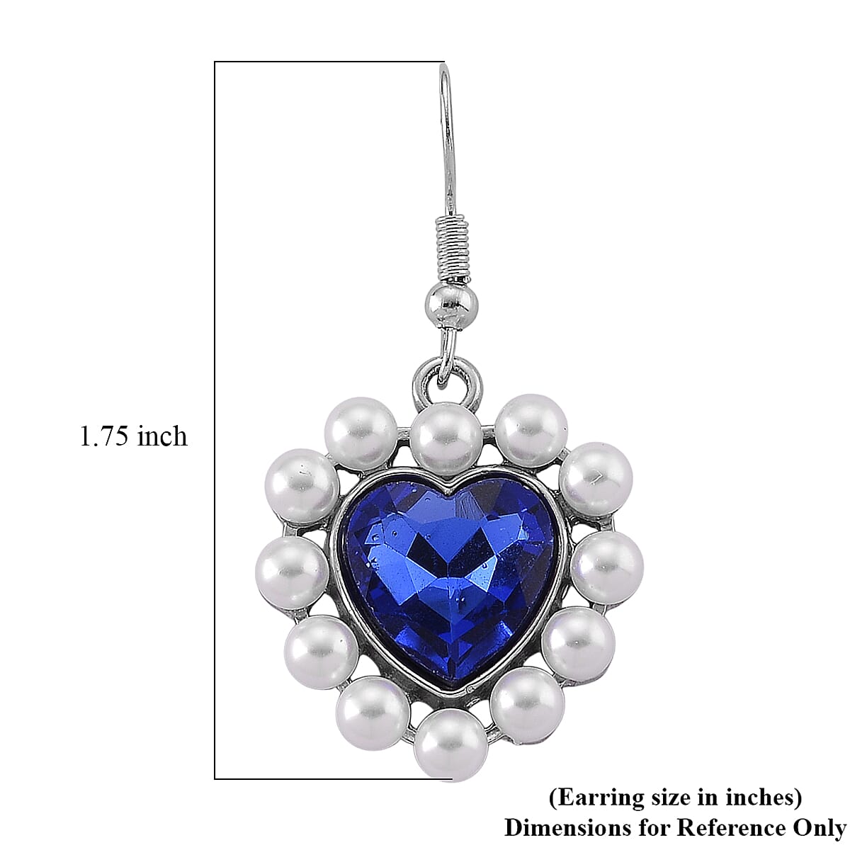 Simulated Blue Sapphire, White Shell Pearl Heart Earrings in Silvertone and Stainless Steel