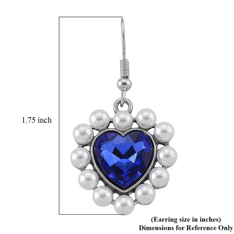 Simulated Blue Sapphire, White Shell Pearl Heart Earrings in Silvertone and Stainless Steel