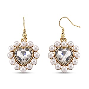 White Glass, White Shell Pearl Heart Earrings in Goldtone and ION Plated YG Stainless Steel