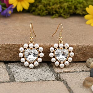 White Glass, White Shell Pearl Heart Earrings in Goldtone and ION Plated YG Stainless Steel