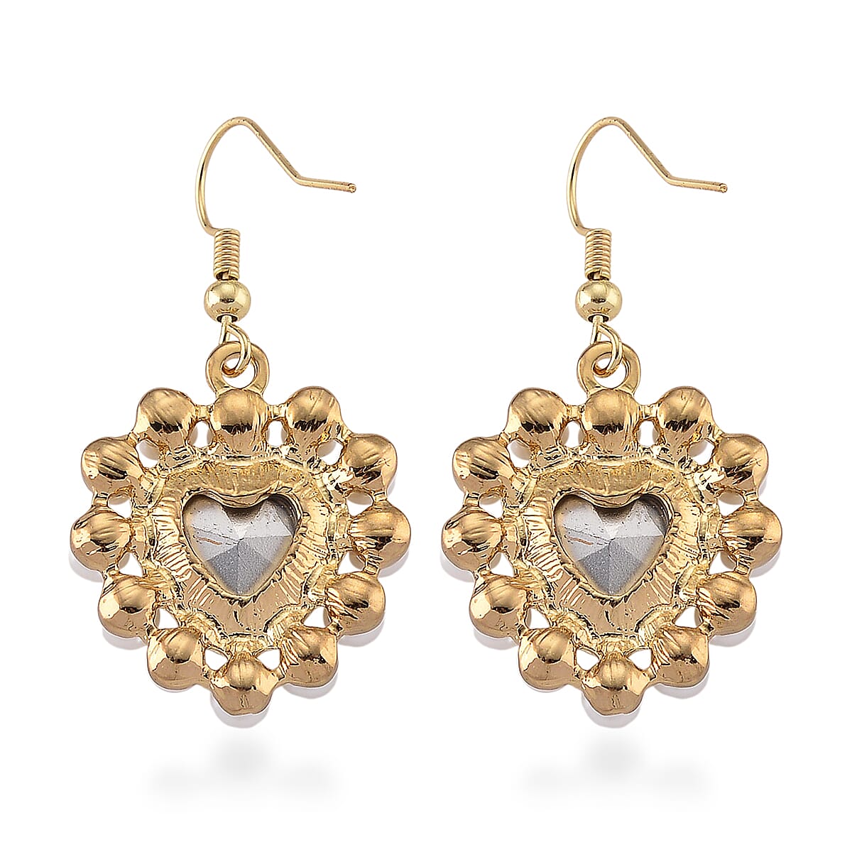 White Glass, White Shell Pearl Heart Earrings in Goldtone and ION Plated YG Stainless Steel image number 3