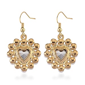 White Glass, White Shell Pearl Heart Earrings in Goldtone and ION Plated YG Stainless Steel