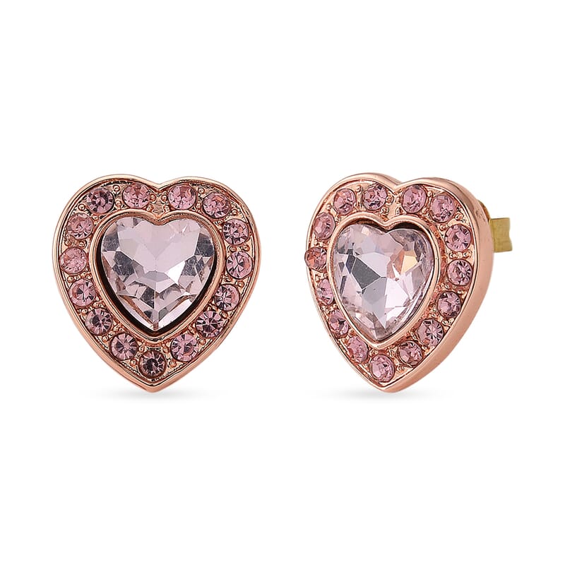 Pink Glass and Pink Austrian Heart Stud Earrings in Rosetone and Stainless Steel