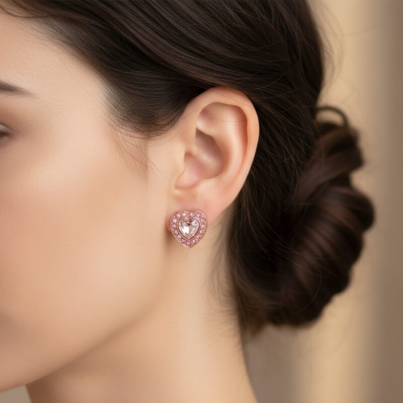 Pink Glass and Pink Austrian Heart Stud Earrings in Rosetone and Stainless Steel