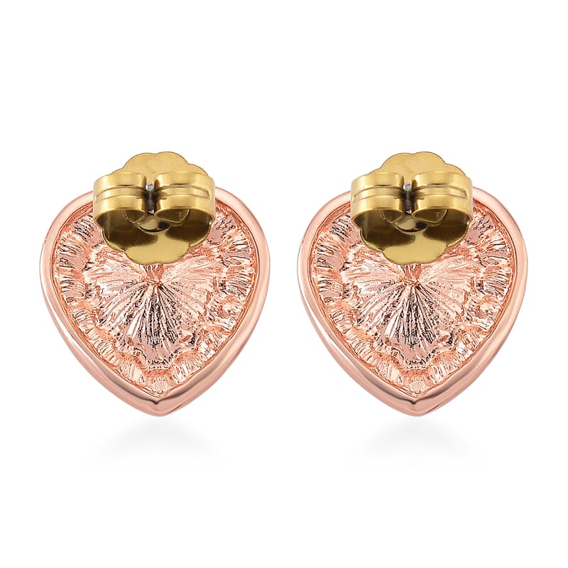 Pink Glass and Pink Austrian Heart Stud Earrings in Rosetone and Stainless Steel