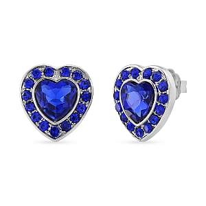 Blue Glass and Blue Austrian Heart Stud Earrings in Silvertone and Stainless Steel