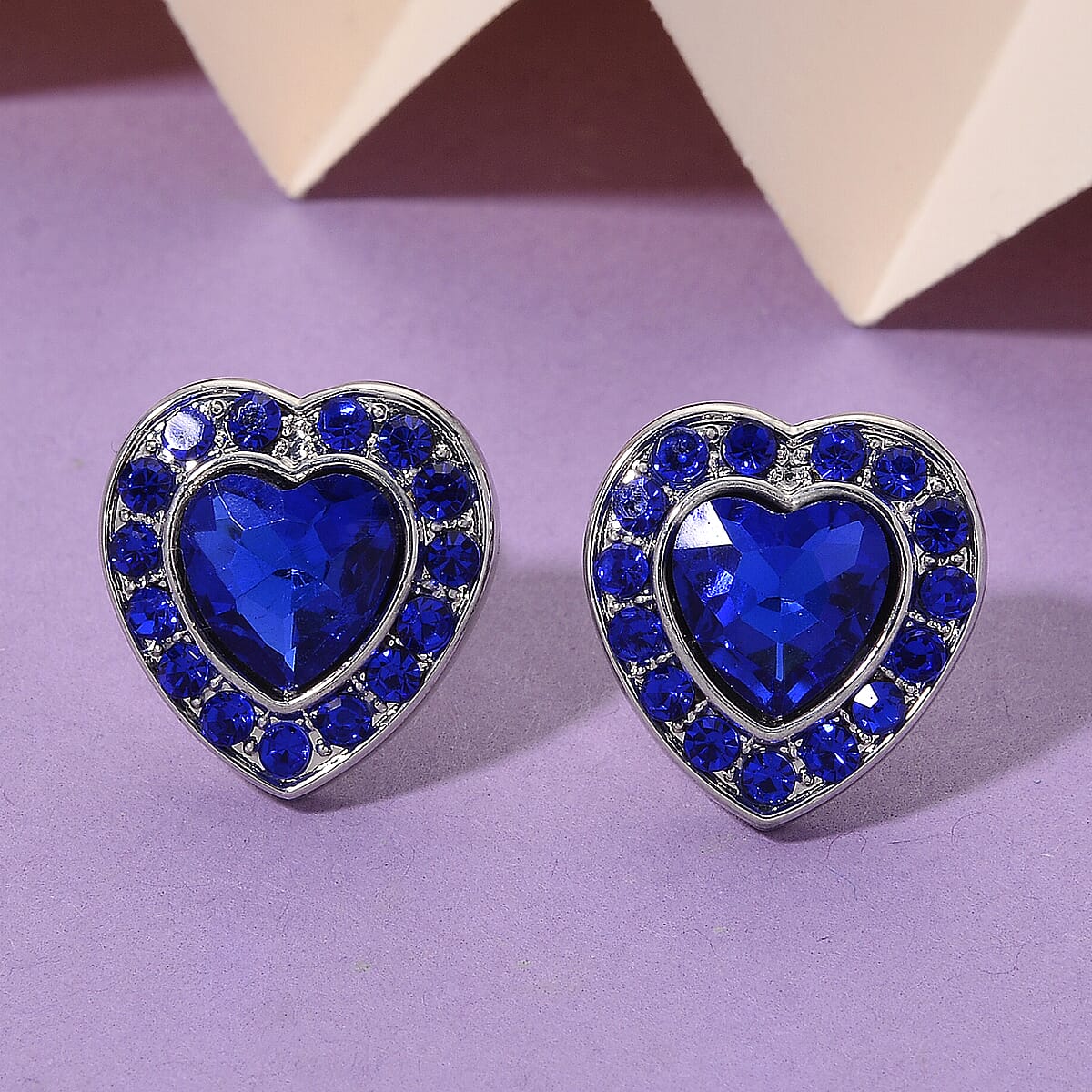 Blue Glass and Blue Austrian Heart Stud Earrings in Silvertone and Stainless Steel image number 1