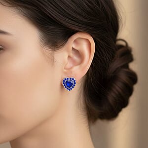 Blue Glass and Blue Austrian Heart Stud Earrings in Silvertone and Stainless Steel