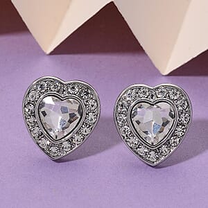White Glass and Austrian Heart Stud Earrings in Silvertone and Stainless Steel
