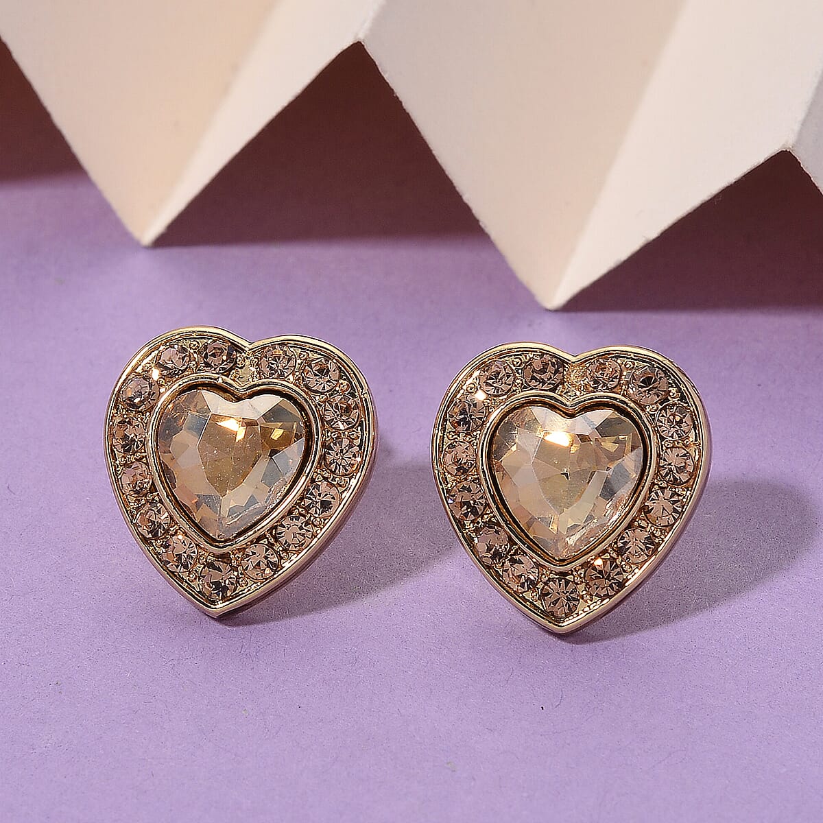 Champagne Glass and Champagne Austrian Heart Stud Earrings in Goldtone and Stainless Steel image number 1