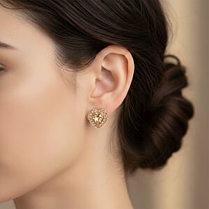 Champagne Glass and Champagne Austrian Heart Stud Earrings in Goldtone and Stainless Steel