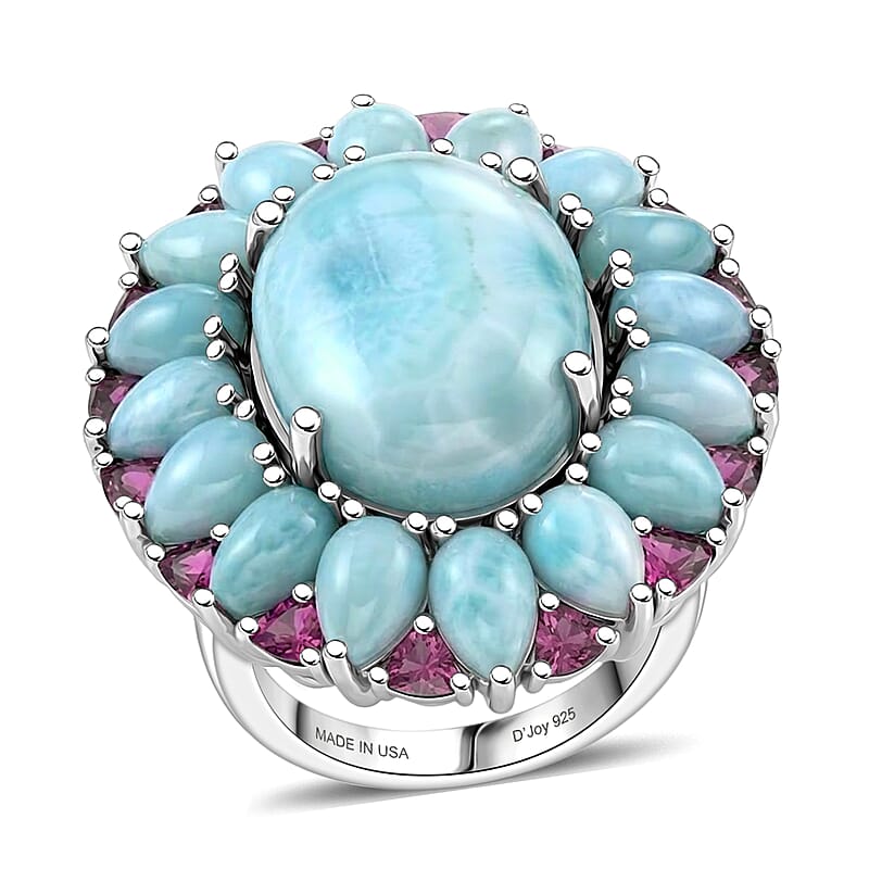 D'Joy Larimar and Orissa Rhodolite Garnet 24.75 ctw Ocean Ripple Halo Ring in Rhodium Over Sterling Silver (Size 10.0)