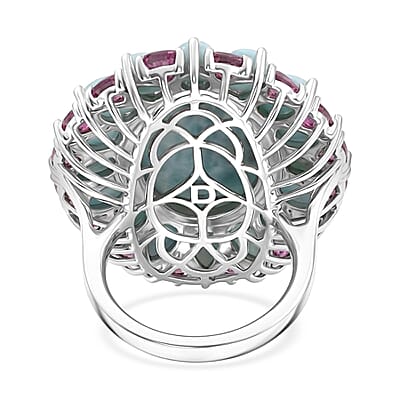 D'Joy Larimar and Orissa Rhodolite Garnet 24.75 ctw Ocean Ripple Halo Ring in Rhodium Over Sterling Silver (Size 10.0)