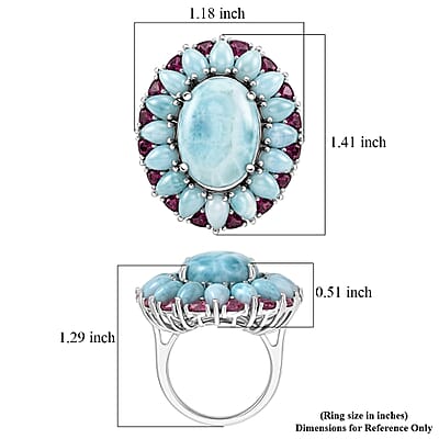 D'Joy Larimar and Orissa Rhodolite Garnet 24.75 ctw Ocean Ripple Halo Ring in Rhodium Over Sterling Silver (Size 10.0)