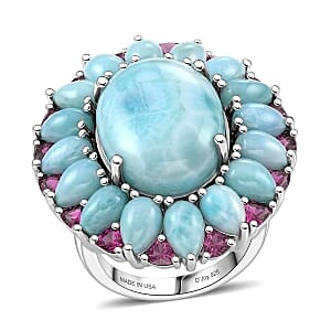 D'Joy Larimar and Orissa Rhodolite Garnet 24.75 ctw Ocean Ripple Halo Ring in Rhodium Over Sterling Silver (Size 6.0)