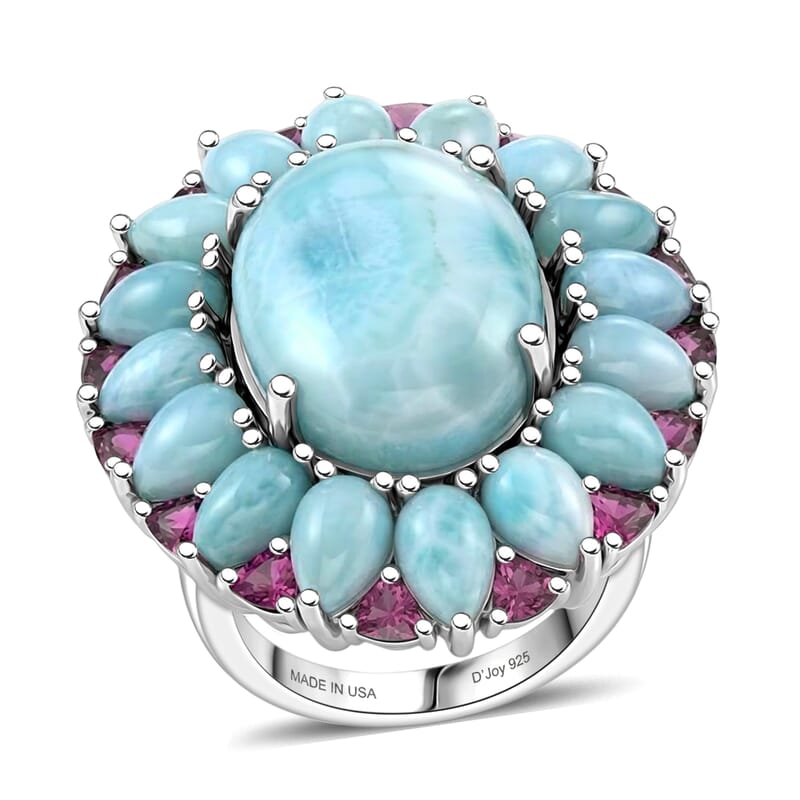 D'Joy Larimar and Orissa Rhodolite Garnet 24.75 ctw Ocean Ripple Halo Ring in Rhodium Over Sterling Silver (Size 6.0)