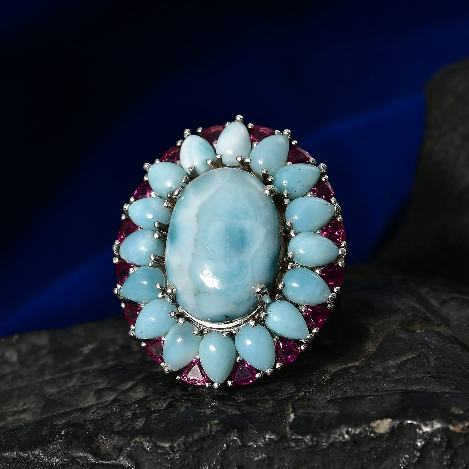 D'Joy Larimar and Orissa Rhodolite Garnet 24.75 ctw Ocean Ripple Halo Ring in Rhodium Over Sterling Silver (Size 6.0)