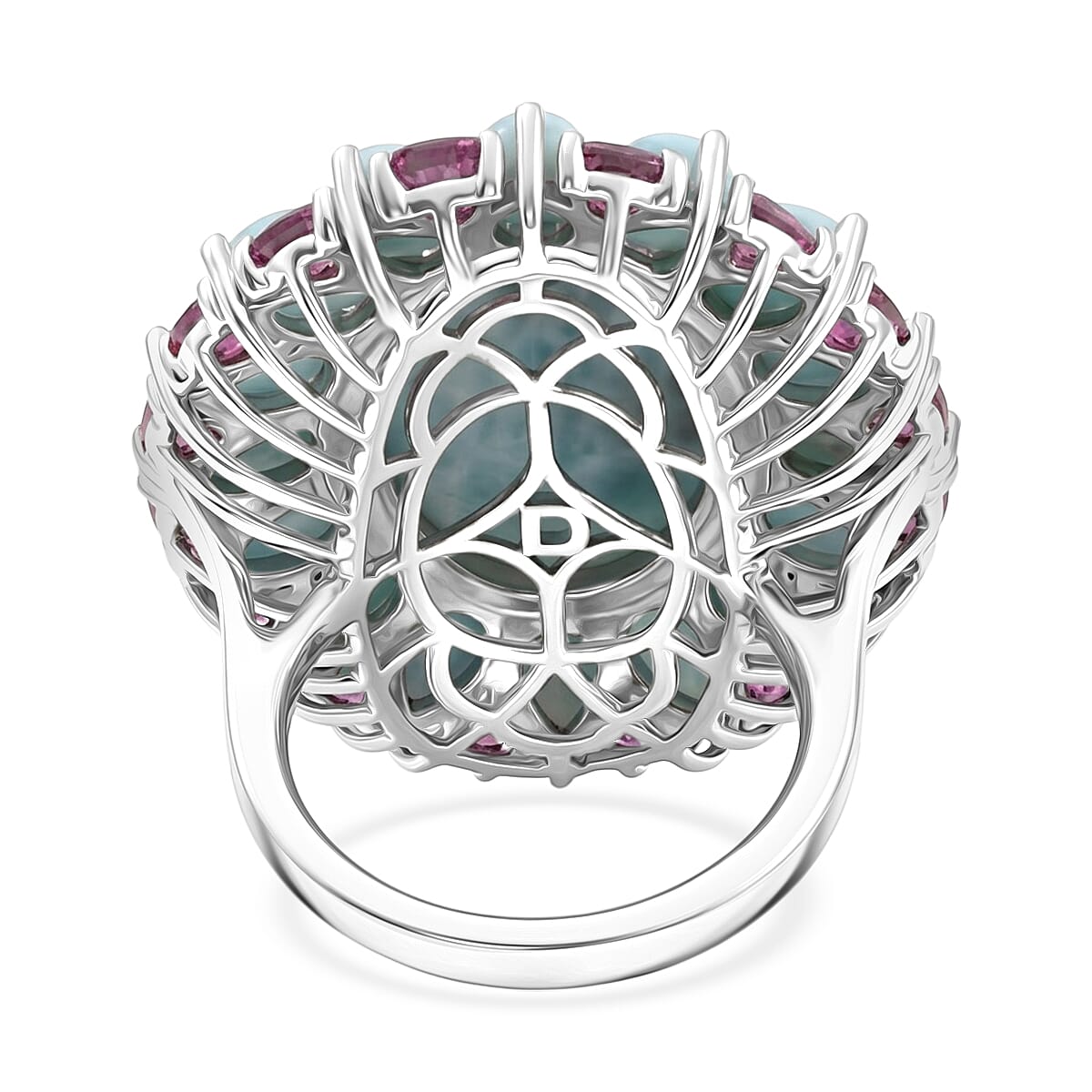 D'Joy Larimar and Orissa Rhodolite Garnet 24.75 ctw Ocean Ripple Halo Ring in Rhodium Over Sterling Silver (Size 6.0)