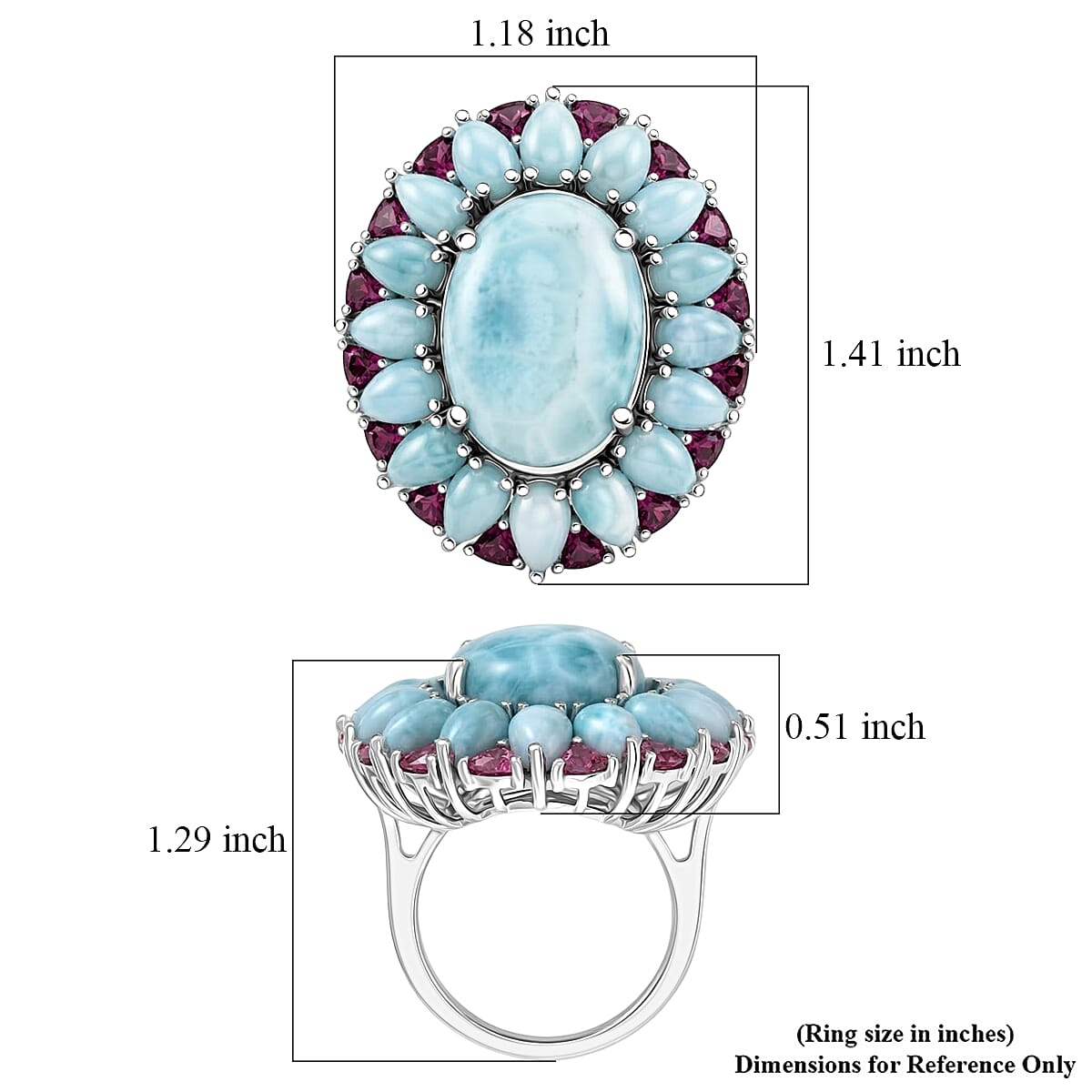 D'Joy Larimar and Orissa Rhodolite Garnet 24.75 ctw Ocean Ripple Halo Ring in Rhodium Over Sterling Silver (Size 6.0)