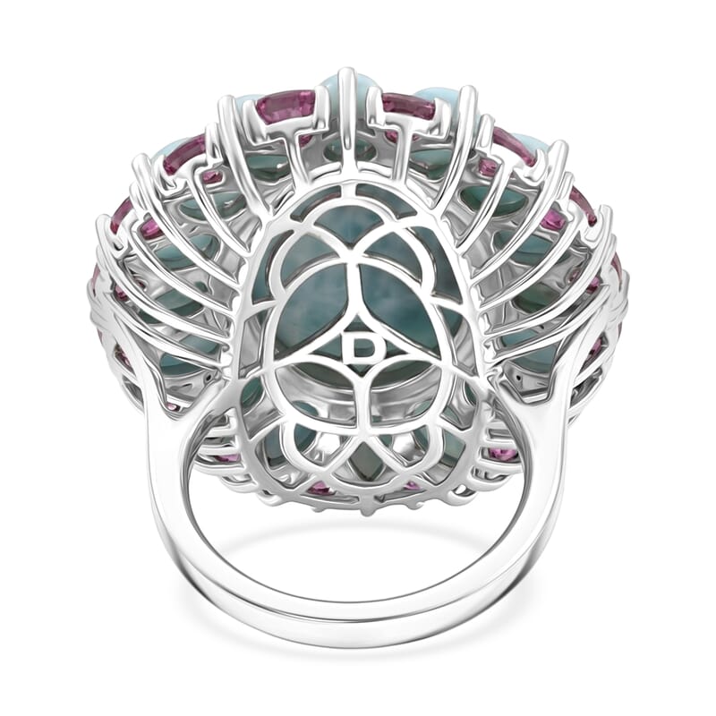 D'Joy Larimar and Orissa Rhodolite Garnet 24.75 ctw Ocean Ripple Halo Ring in Rhodium Over Sterling Silver (Size 7.0)