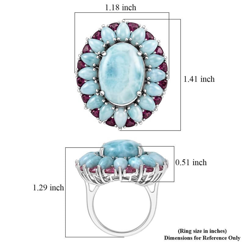 D'Joy Larimar and Orissa Rhodolite Garnet 24.75 ctw Ocean Ripple Halo Ring in Rhodium Over Sterling Silver (Size 7.0)