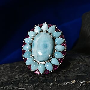 D'Joy Larimar and Orissa Rhodolite Garnet 24.75 ctw Ocean Ripple Halo Ring in Rhodium Over Sterling Silver (Size 9.0)