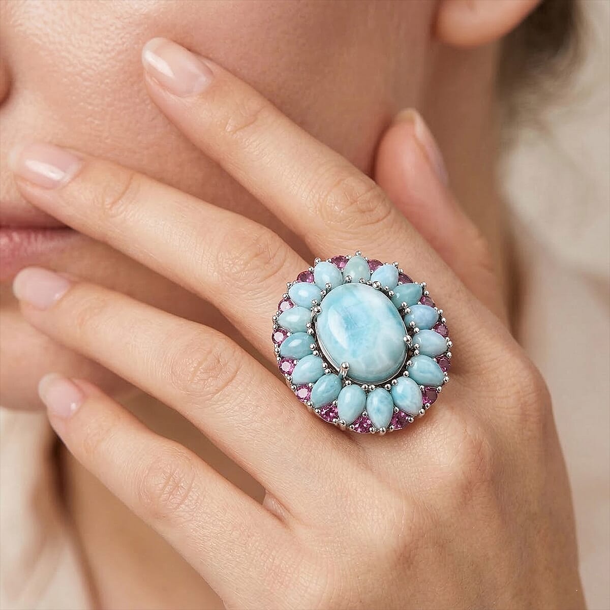 D'Joy Larimar and Orissa Rhodolite Garnet 24.75 ctw Ocean Ripple Halo Ring in Rhodium Over Sterling Silver (Size 9.0) image number 2