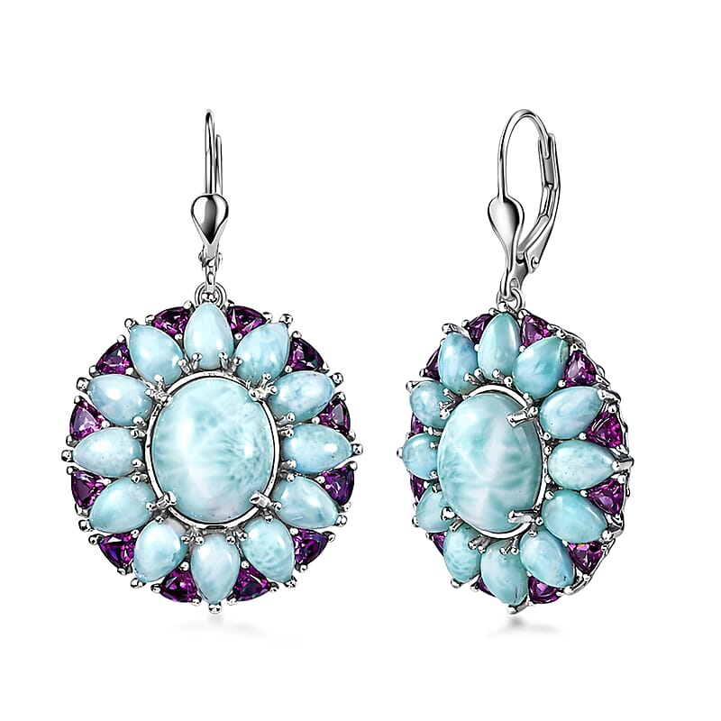 D'Joy Larimar and Orissa Rhodolite Garnet 26.90 ctw Ocean Ripple Halo Earrings in Rhodium Over Sterling Silver
