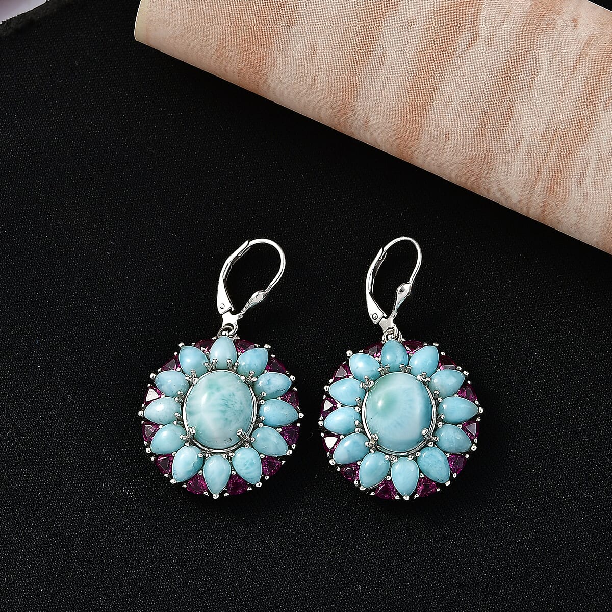 D'Joy Larimar and Orissa Rhodolite Garnet 26.90 ctw Ocean Ripple Halo Earrings in Rhodium Over Sterling Silver image number 1